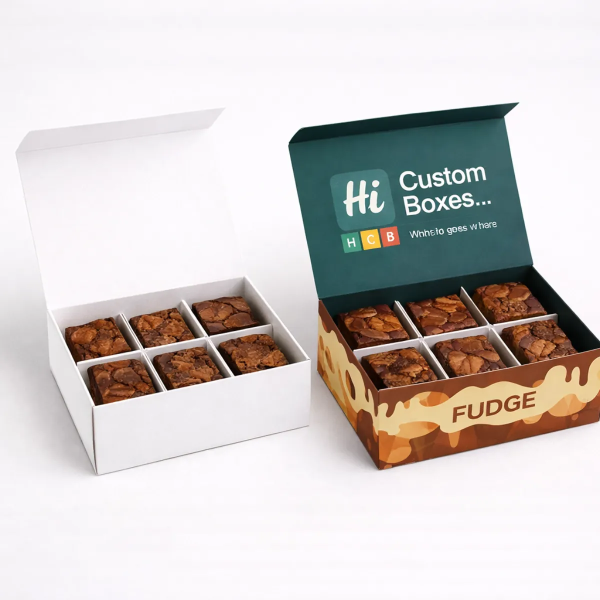 Square fudge boxes featuring internal cardboard dividers to keep different confectionary flavours separate and organised- class=
